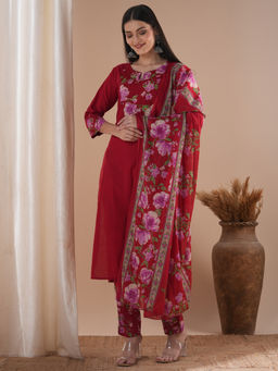 FASHOR - Red Ethnic Printed And Embroidered Straight Kurta Pant And Dupatta (Set of 3)
