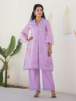 Autumnlane - Tridhara Lavender Cotton Mul Embroidered Kurta & Pant (Set of 2)