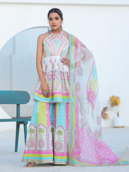 Autumnlane - White Tridhara Rainbow Premium Cotton Kurta Sharara & Dupatta (Set of 3)