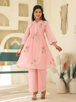 Autumnlane - Tridhara Salmon Pink Embroidery Cotton Mul Kurta & Pant (Set of 2)
