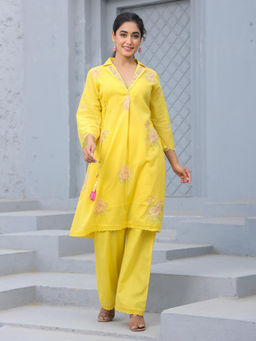 Autumnlane - Tridhara Yellow Cotton Mul Embroidered Kurta & Pant (Set of 2)