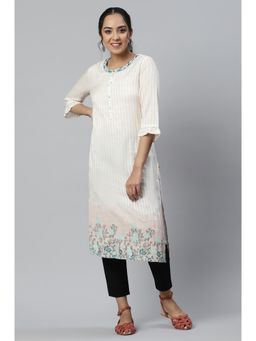 Aurelia - Pink & White Stripes Printed Kurta with Embroidered Collar