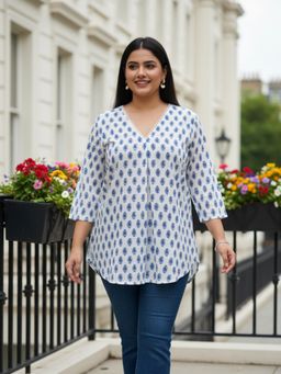 Qurvii - White and Blue Block Print Tunic