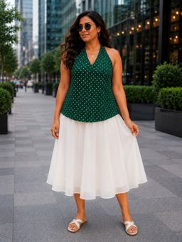 Qurvii - Bottle Green Polka Halter Neck Top