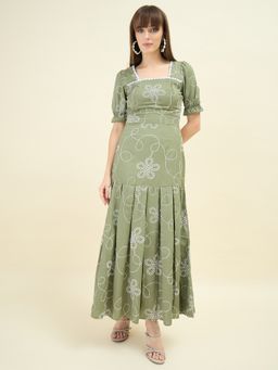 AAYU - Olive Green Cotton Linen Embroidered Square Neck Puff Sleeve Maxi Dress