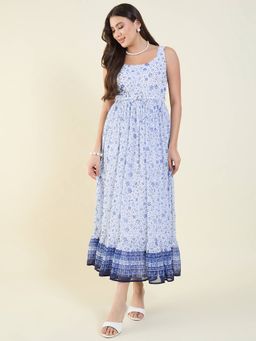AAYU - Blue Floral Printed Sleeveless Georgette Maxi Dress for Women