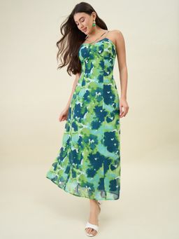 AAYU - Green Abstract Print Georgette Maxi Dress with Spaghetti Straps