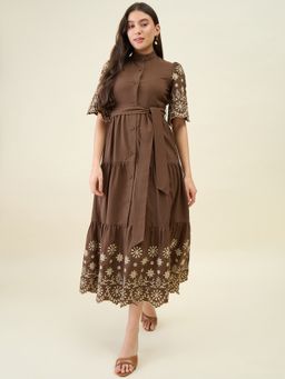 AAYU - Brown Embroidered Cotton Linen Tiered A-Line Midi Dress with Belt