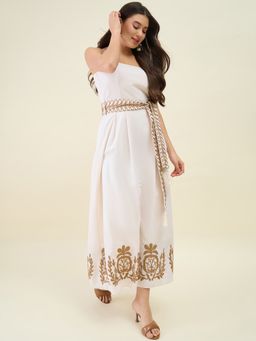 AAYU - Off White Cotton Linen Strapless Embroidered Wide-Leg Jumpsuit