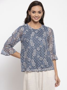 Gipsy - Women Boat Neck Three-Quarter Sleeves Self Design Grey Blue Color Tops