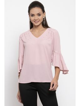 Gipsy - Women V-Neck Three-Quarter Sleeves Solid Dusky Pink Color Tops
