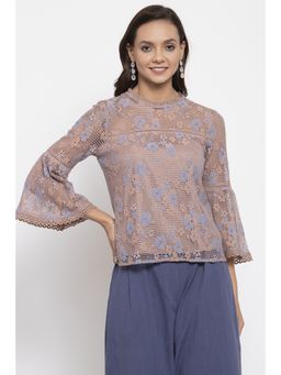 Gipsy - Women Round Neck Long Sleeves Self Design Khaki Color Tops