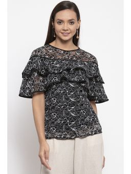 Gipsy - Women Round Neck No Sleeves Self Design Black-White Color Tops