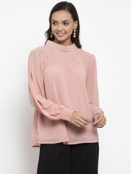 Gipsy - Women Choker Neck Long Sleeves Self Design Pink Color Tops