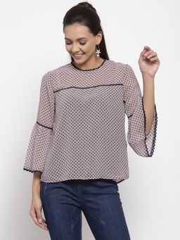 Gipsy - Women Round Neck Three-Quarter Sleeves Self Design Blue Print Color Tops
