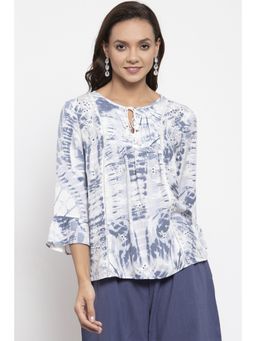 Gipsy - Women Cotton Round Neck White Blue Tunic