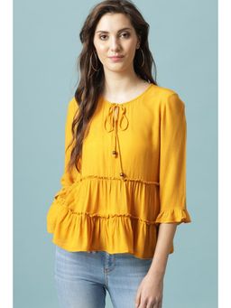 Gipsy - Yellow Medium Length Round Neck Viscose Rayon Blouse