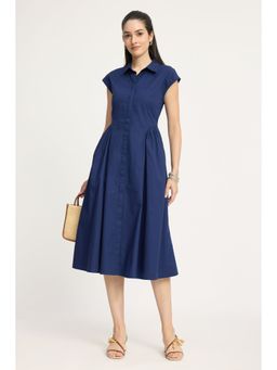 Virgio - Solid Cotton Gathered Shirt Midi Dress for Women