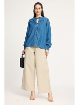 Virgio - Solid Cotton Mandarin Collar Denim Top for Women