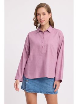 Virgio - Solid Linen Half Placket Oversized Top for Women