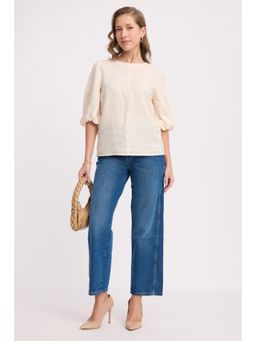Virgio - Solid Linen Round Neck Blouson Sleeve Top for Women