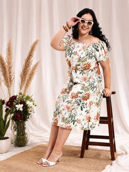 Martini - Off White Floral Plus Size Off Shoulder Midi Dress