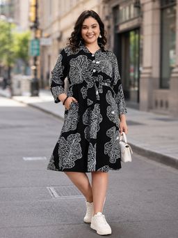Martini - Black White Plus Size Big Floral Print Midi Dress