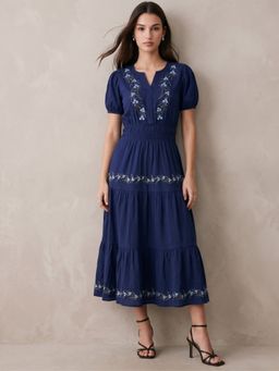Outzidr - Navy Blue Embroidered V-Neck Short Sleeves Dress
