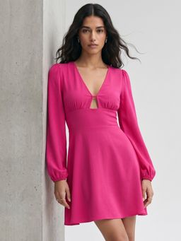 Outzidr - Pink Cinched Waist Full Sleeve Skater Dress