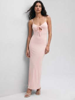 Outzidr - Pink Shoulder Strap Front Tie-Up Dress