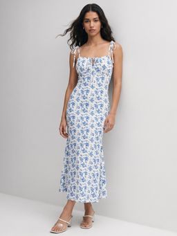 Outzidr - Blue Strappy Shoulder Tie-Up Dress