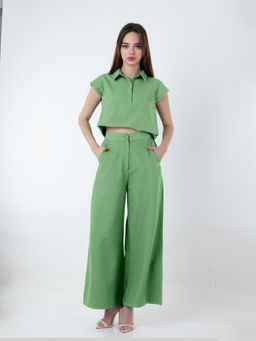 Zink London - Womens Solid Green Wide Leg Co-Ord (Set of 2)