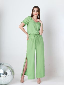 Zink London - Womens Solid Green Fig Wide Leg Co-Ord (Set of 2)