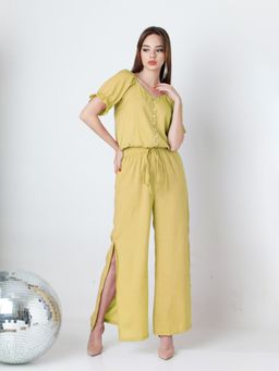 Zink London - Womens Solid Yellow Wide Leg Co-Ord (Set of 2)