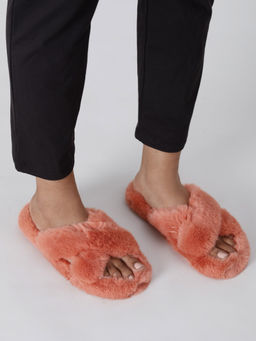 Twenty Dresses by Nykaa Fashion - Peach Cross Your Path Fur Slippers
