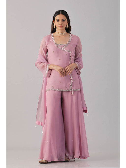 Seher Studio Azalia Pink Angrakha Kurti with Sharara and Dupatta (Set of 3)