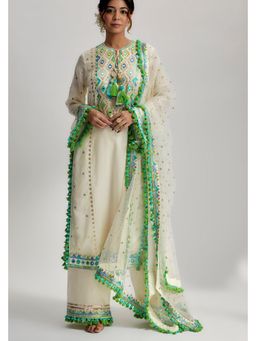 Gopi Vaid - Nishika Ivory Embroidered Kurta with Palazzo and Dupatta