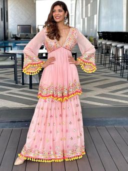 Gopi Vaid - Zohra Pink Embroidered Kurta with Sharara and Dupatta
