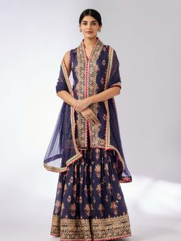 Gopi Vaid - Dhriti Navy Blue Floral Kurta with Sharara and Dupatta