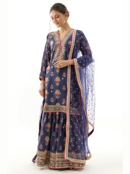Gopi Vaid - Sadhna Navy Blue Floral Kurta with Sharara and Dupatta