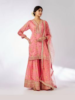 Gopi Vaid - Sadhna Pink Floral Kurta with Sharara and Dupatta