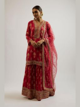 Gopi Vaid - Sadhna Red Floral Kurta with Sharara and Dupatta