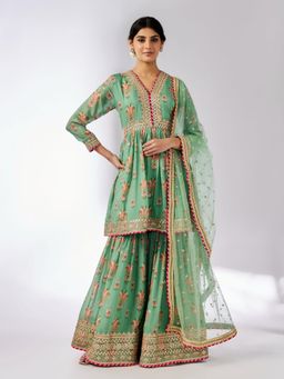 Gopi Vaid - Samiksha Green Floral Kurta with Sharara and Dupatta