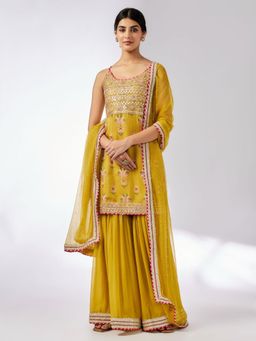 Gopi Vaid - Chhaya Mustard Floral Kurta with Sharara and Dupatta