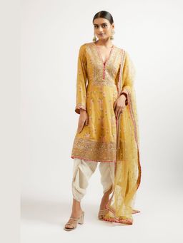 Gopi Vaid - Ekta Mustard Floral Kurta with Dhoti Pant and Dupatta