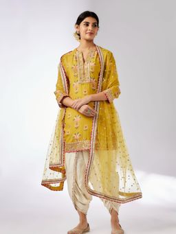 Gopi Vaid - Moulika Mustard Floral Kurta with Dhoti Pant and Dupatta
