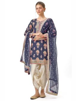 Gopi Vaid - Moulika Navy Blue Floral Kurta with Dhoti Pant and Dupatta