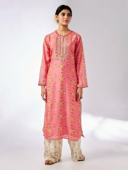 Gopi Vaid - Dhara Pink Floral Kurti with Palazzo