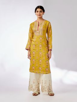 Gopi Vaid - Neha Mustard Floral Kurti with Palazzo
