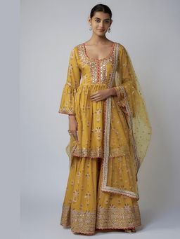 Gopi Vaid - Prachi Mustard Floral Kurta with Sharara and Dupatta
